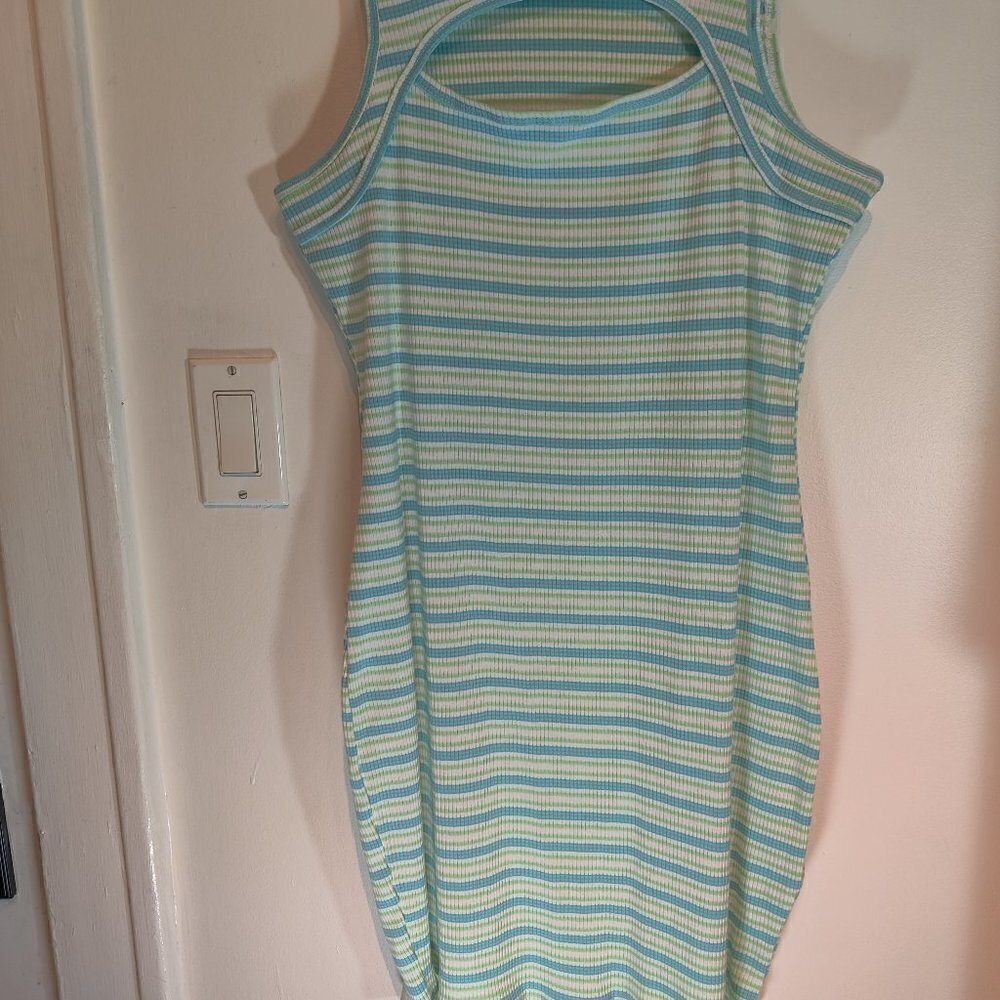 Ultra Flirt Dress Knit, Cut Out at chest in a stretchy Aqua and White Fabric 1X - Picture 4 of 5